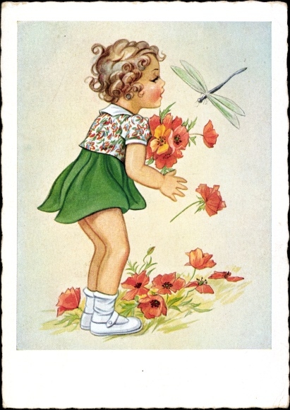Postcard Girl with Poppies, Dragonfly