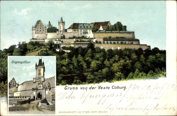 Postcard Coburg in Upper Franconia, Veste entrance gate, historic castle, green surroundings