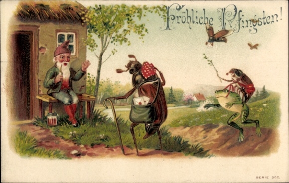 Embossed PC Happy Pentecost, dwarf, humanized cockchafer, frog