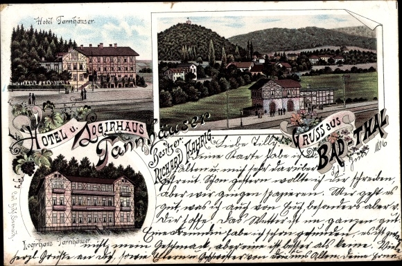 Chromo-Litho Thal Ruhla in the Wartburg district of Thuringia, guest house Tannhäuser, train station, track side