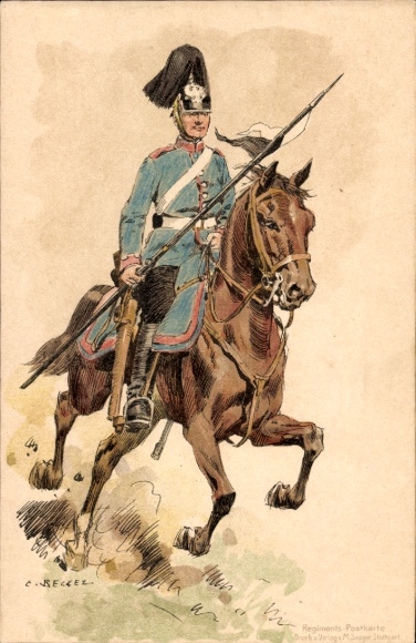 Kunstenaar Ak Becker, C., Duitse soldaat te paard, dragonder, keizerlijke periode