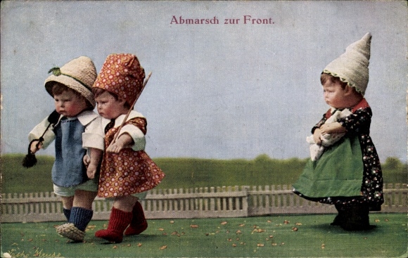 Postcard March to the front, children as soldiers, farewell