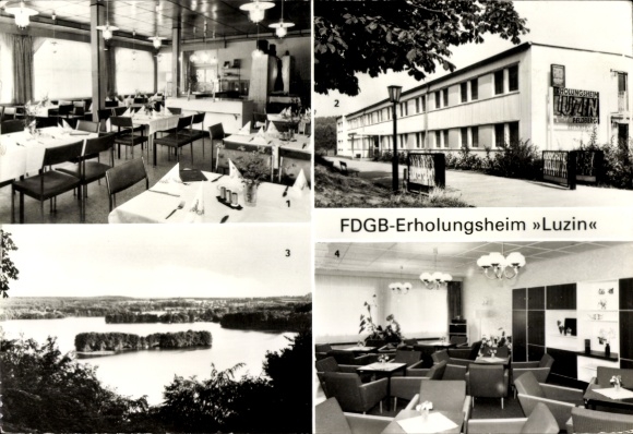 Feldberg in de provincie Mecklenburg, recreatiecentrum FDGB Luzin, eetkamer, uitzicht van buiten, uitzicht op het huis...