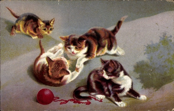 Postcard Four playing kittens, red ball of wool