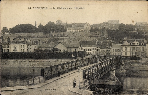 Postcard Pontoise Val d'Oise, bridge, château, hospital, architecture, black and white photo