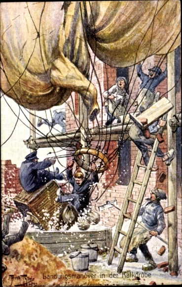 Artist PC Thiele, Arthur, landing maneuvers in the lime pit, balloon, bricklayer