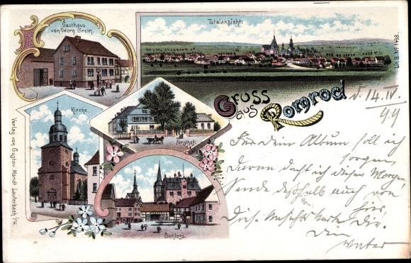 Chromo-Litho Romrod in Hesse, total view of the village, inn, castle, church, forester&#39;s yard