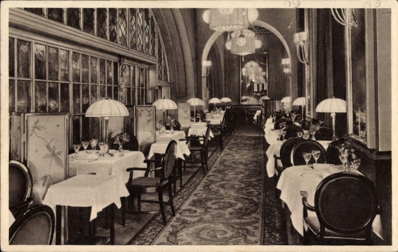 Ak Leipzig, Elegantes Restaurant, Tischdecken, Stühle, Lampen, Teppichboden