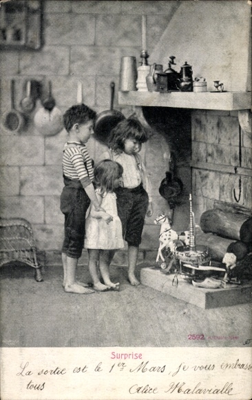 Postcard children playing, toys, surprise