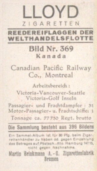 Collective Picture Company Vlaggen van de World Merchant Fleet No. 369, Canadian Pacific Railway, Montreal