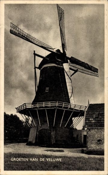 Postcard Groeten van de Veluwe, Dutch windmill, mill wings