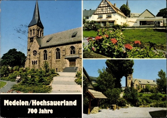 Postcard Medelon Medebach in Sauerland, church, shops, bakery Frankenstein, local section