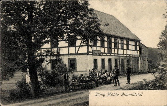 Postcard Gimmlitztal Hartmannsdorf Reichenau in the Erzgebirge, 3lling mill, buildings, people at the table...