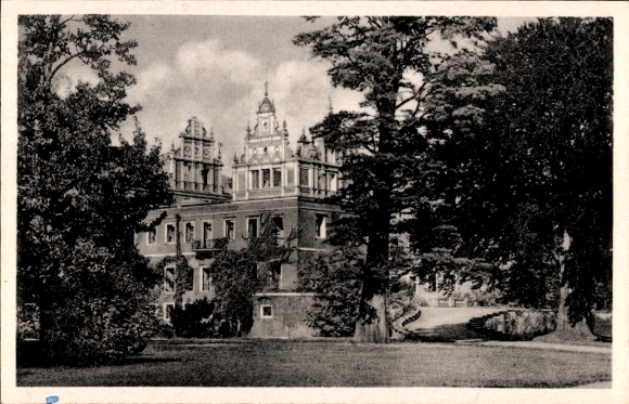 Postcard Bad Muskau in Upper Lusatia, park path to the mud bath, castle