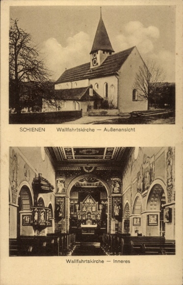 Ak Schienen Öhningen in Baden, bedevaartskerk buitenaanzicht, binnenaanzicht, kerkprocessie