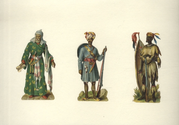 3 wafers of men from different ethnic groups in traditional clothing, each approx. 11 x 5.5 cm