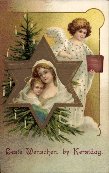 Reliëf ansichtkaart Vrolijk Kerstfeest, Engel, Maria, Jezus