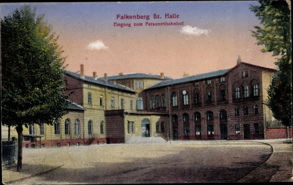 Postcard Falkenberg an der Elster, entrance to the passenger station