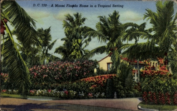 Ak Miami Beach Florida USA, een huis in Miami Florida in een tropische omgeving