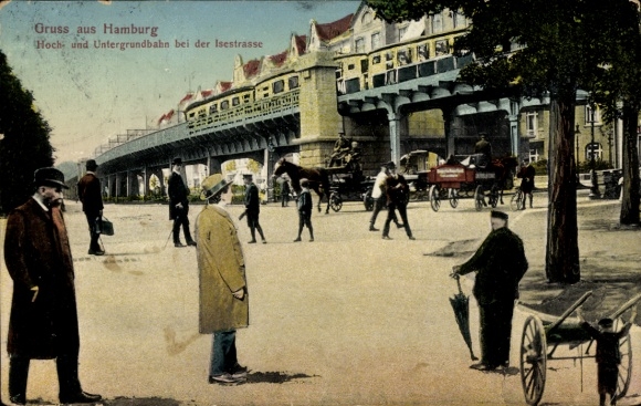 Postcard Hamburg Eimsbüttel Harvestehude, elevated and underground railway at Isestraße