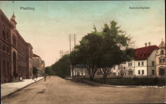 Postcard Plattling in Lower Bavaria, station square