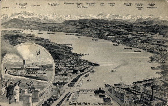 Ak Zürich stad Zwitserland, stoomschip Helvetia aan het meer van Zürich, panorama