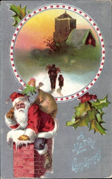 Ak Glückwunsch Weihnachten, Weihnachtsmann steigt in den Schornstein, Puppe, Stechpalmenzweige