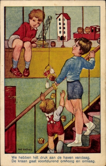 Künstler Ak Kinder, Spielzeuge, Kran, Fässer, Gespräch
