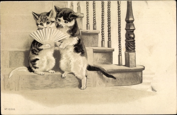 Embossed Chromo-Litho Two cats on a staircase, fans