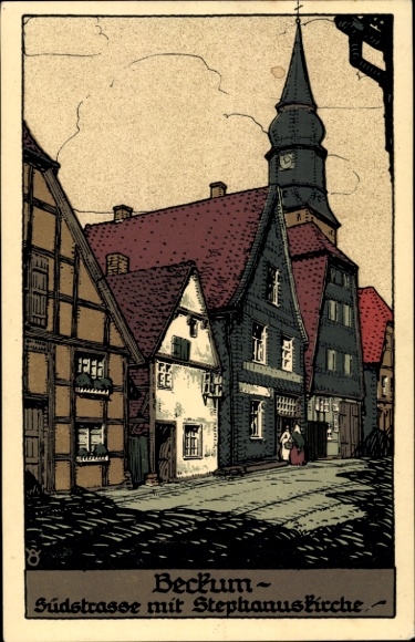 Stone print Postcard Beckum in the district of Warendorf, Südstraße with Stephanuskirche