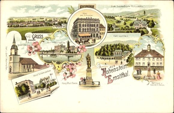 Litho Hohenstein Ernstthal in Sachsen, Rathaus, König Albert Denkmal, Hotel Schweizerhaus