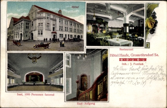 Postcard Großröhrsdorf in Saxony, Hotel Haufe, restaurant, hall, staircase