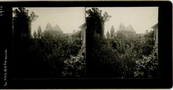 Stereo photo Carcassonne Aude, view of the castle, 1910
