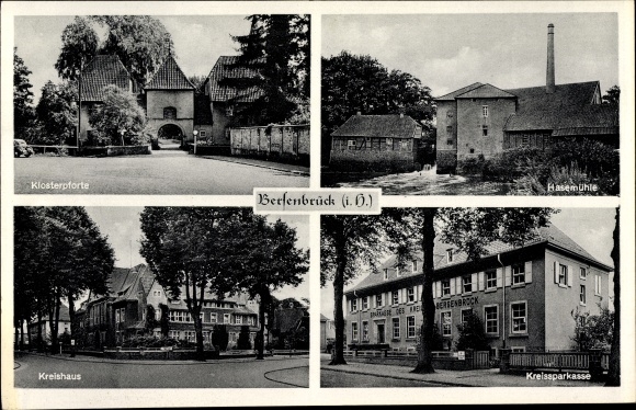 Postcard Bersenbrück in Lower Saxony, monastery gate, district house, district savings bank, Hasemühle