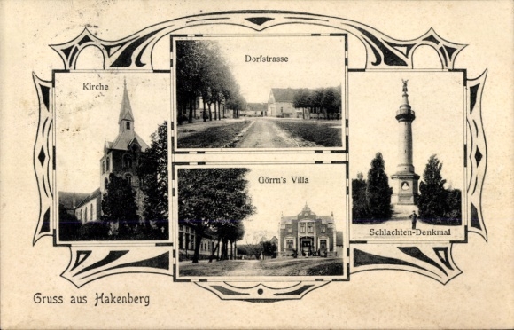 Postcard Hakenberg Fehrbellin in Brandenburg, church, village street, Görrn's villa, battle monument
