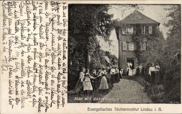 Ak Lindau am Bodensee Schwaben, Evangelisches Töchterinstitut, Park mit Gartenhaus
