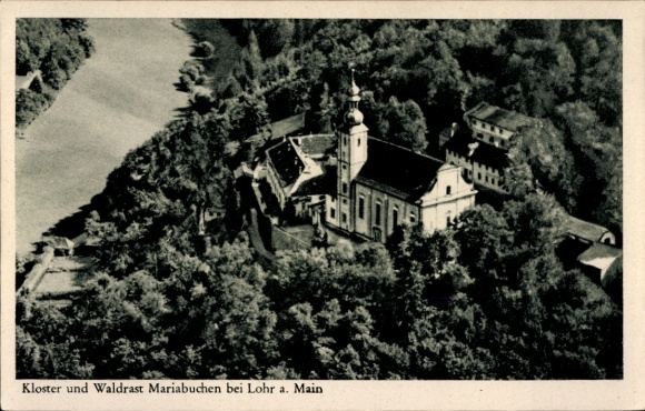 Postcard Mariabuchen Lohr im Spessart Lower Franconia, monastery and forest rest Mariabuchen, aerial photograph, surroundings
