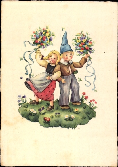 Postcard Two Children, Bouquet, Flower Meadow