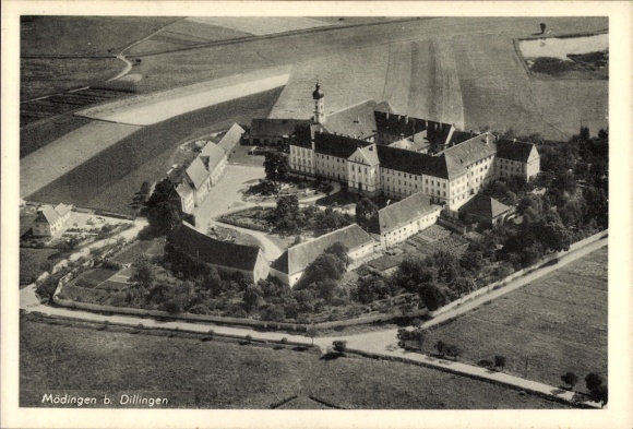 Ak Mödingen in Schwaben, Kloster Maria Medingen, Fliegeraufnahme
