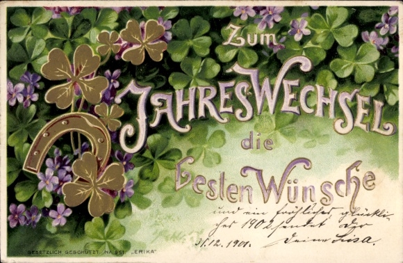 Embossed Postcard Congratulations New Year, lucky clover, flowers, horseshoe