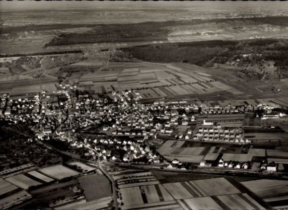Postcard Magstadt Baden Württemberg, aerial view of Magstadt, fields and residential buildings