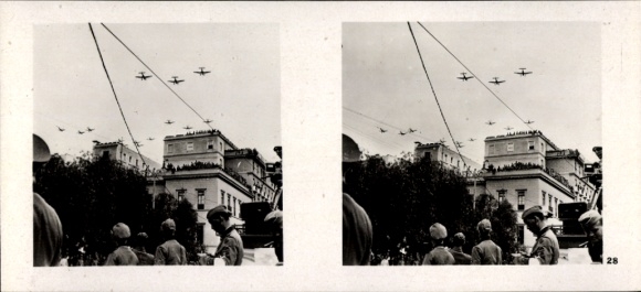 Stereo spatial image photo flying and winning No. 28, Stukas, victory parade in Athens