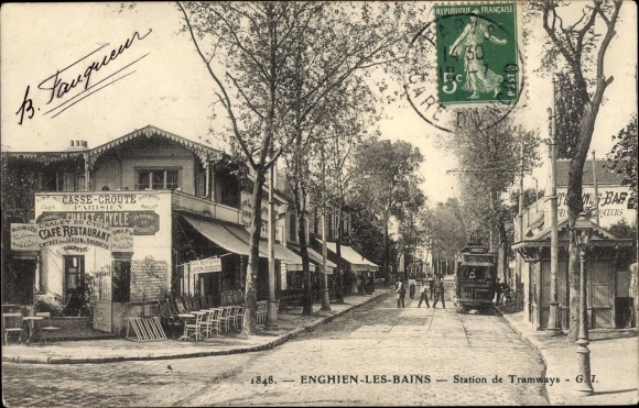 Postcard Enghien les Bains Val d&#39;Oise, Tram Station, Cafe Restaurant
