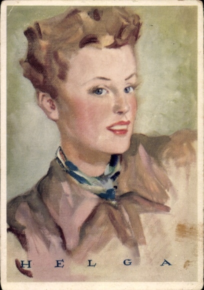 Ansichtkaart Helga, geschilderd portret van een jonge vrouw, propaganda