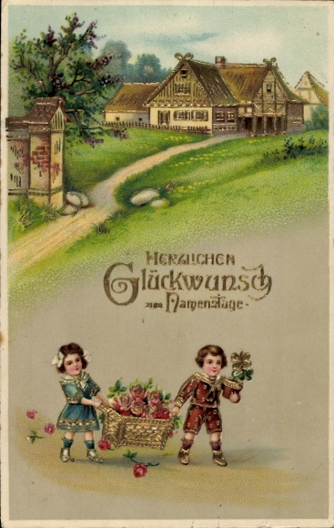 Glitter Postcard Congratulations Name Day, Children, Roses