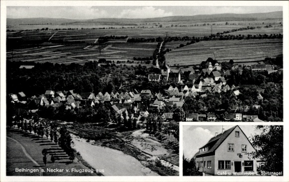 Ak Beihingen Freiberg am Neckar, luchtfoto van Beihingen, café en wijnbar E. Spitznagel