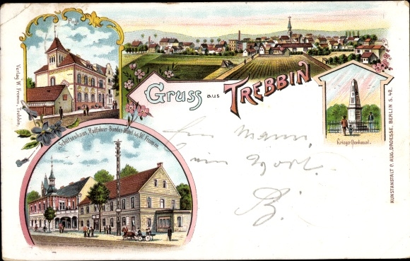litho Trebbin in de wijk Teltow Fläming, postkantoor, Schützenhaus, oorlogsmonument