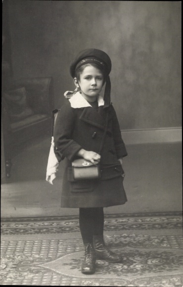 Photo Postcard Gliwice Gleiwitz Upper Silesia, girl with school bag, sailor hat, 1st day of school