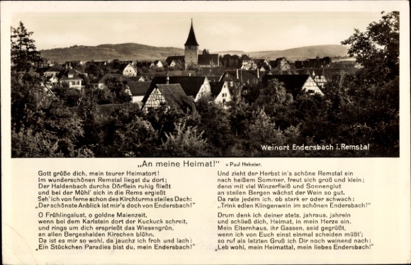 Gedicht Ak Endersbach Weinstadt im Remstal, totaaloverzicht, Naar mijn vaderland, Paul Hekeler