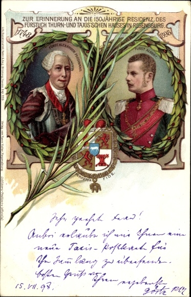 Coat of arms Chromo-Litho 150th anniversary of the House of Thurn and Taxis, Albert, Prince Alexander